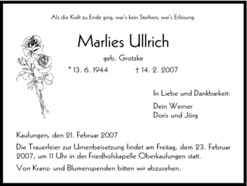 Todesanzeige von Marlies Ullrich von HNA
