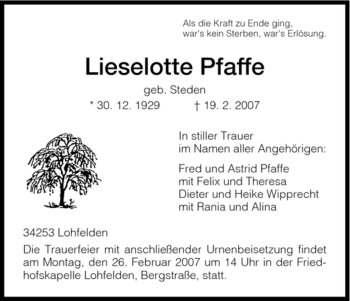 Todesanzeige von Lieselotte Pfaffe von HNA