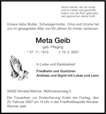 Todesanzeige von Meta Geib von HNA