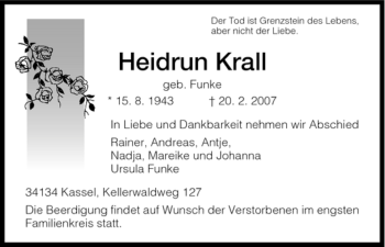 Todesanzeige von Heidrun Krall von HNA