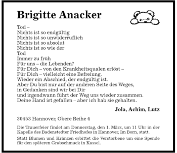 Todesanzeige von Brigitte Anacker von HNA