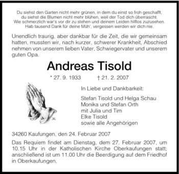 Todesanzeige von Andreas Tisold von HNA