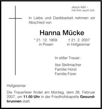Todesanzeige von Hanna Muecke von HNA