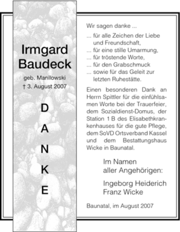 Todesanzeige von Irmgard Baudeck von HNA