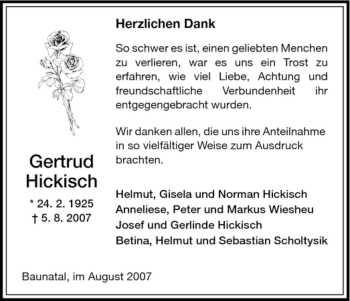 Todesanzeige von Gertrud Hickisch von HNA