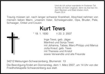 Todesanzeige von Kurt Tews von HNA