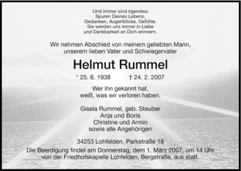 Todesanzeige von Helmut Rummel von HNA