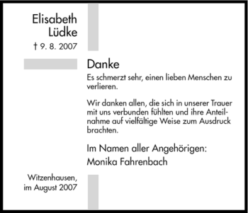 Todesanzeige von Elisabeth Lüdke von HNA