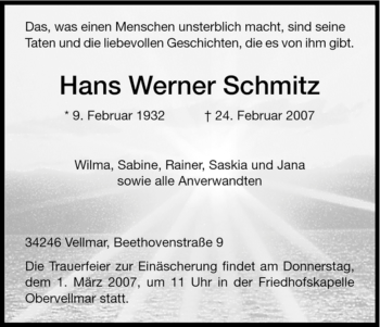 Todesanzeige von Hans Werner Schmitz von HNA