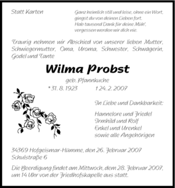 Todesanzeige von Wilma Probst von HNA