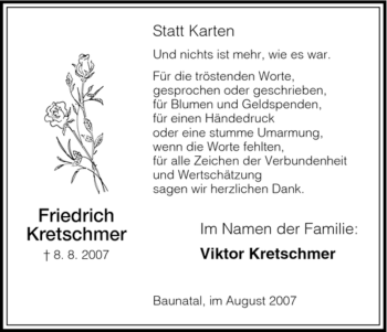 Todesanzeige von Friedrich Kretschmer von HNA