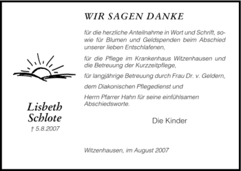 Todesanzeige von Lisbeth Schlote von HNA