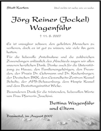 Todesanzeige von Jörg Reiner Wagenführ von HNA
