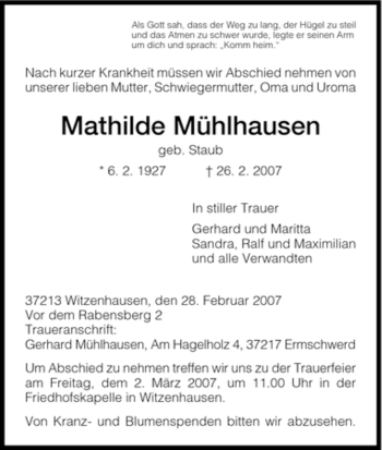 Todesanzeige von Muehlhausen Mathilde von HNA