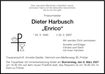 Todesanzeige von Dieter Harbusch von HNA