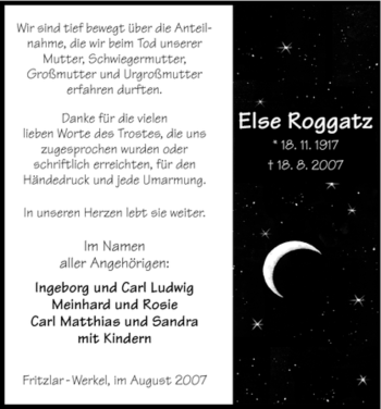 Todesanzeige von Else Roggatz von HNA