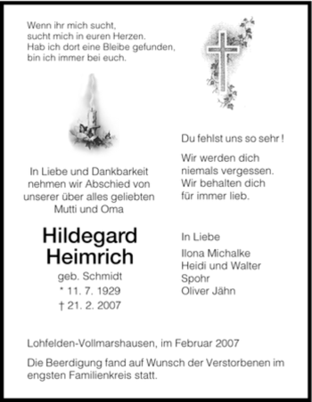 Todesanzeige von Hildegard Heimrich von HNA