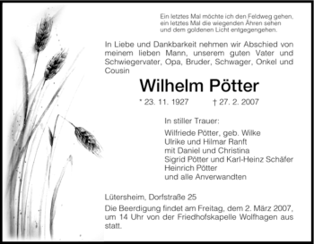 Todesanzeige von Wilhelm Poetter von HNA