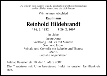 Todesanzeige von Reinhold Hildebrandt von HNA