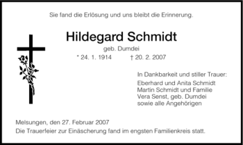 Todesanzeige von Hildegard Schmidt von HNA