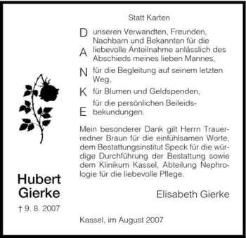 Todesanzeige von Hubert Gierke von HNA