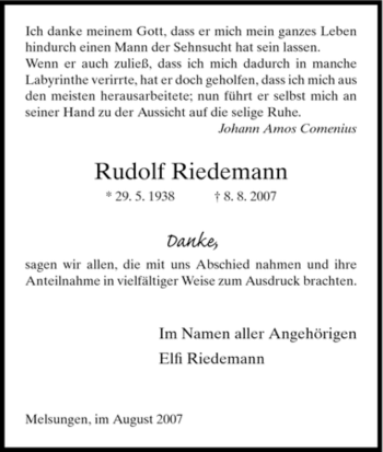 Todesanzeige von Rudolf Riedemann von HNA