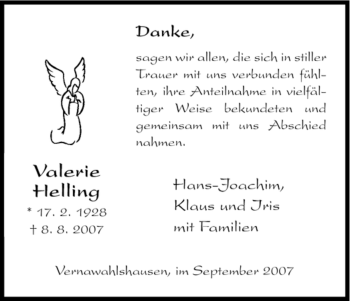 Todesanzeige von Valerie Helling von HNA