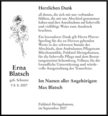 Todesanzeige von Erna Blatsch von HNA