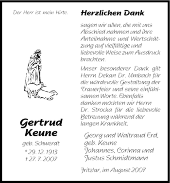 Todesanzeige von Gertrud Keune von HNA