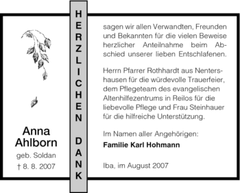 Todesanzeige von Anna Ahlborn von HNA
