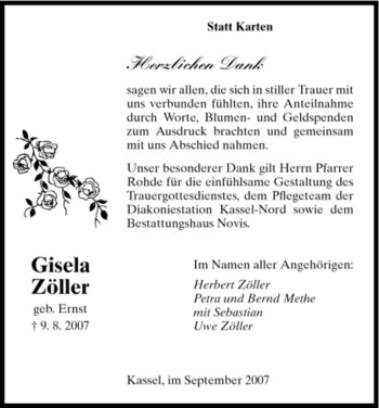 Todesanzeige von Gisela Zöller von HNA