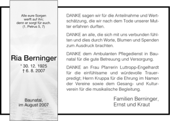 Todesanzeige von Ria Berninger von HNA