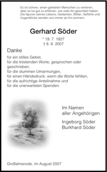 Todesanzeige von Gerhard Soeder von HNA