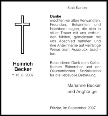 Todesanzeige von Heinrich Becker von HNA