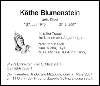 Todesanzeige von Käthe Blumenstein von HNA
