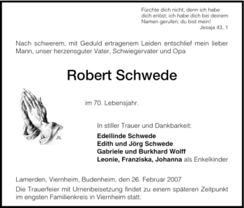 Todesanzeige von Robert Schwede von HNA