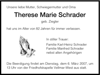 Todesanzeige von Therese Schrader von HNA