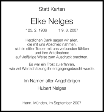 Todesanzeige von Elke Nelges von HNA
