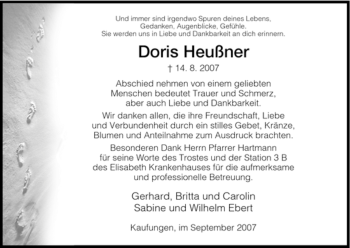 Todesanzeige von Doris Heußner von HNA