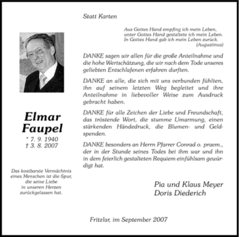 Todesanzeige von Elmar Faupel von HNA