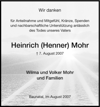 Todesanzeige von Heinrich Mohr von HNA