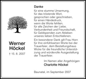 Todesanzeige von Werner Höckel von HNA