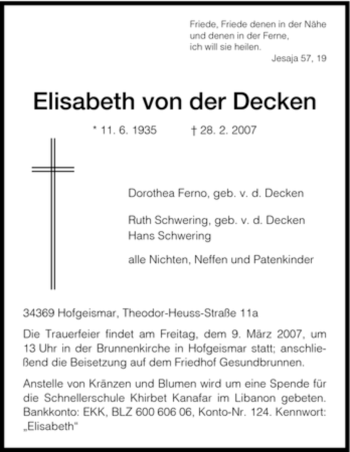 Todesanzeige von Elisabeth von der Decken von HNA