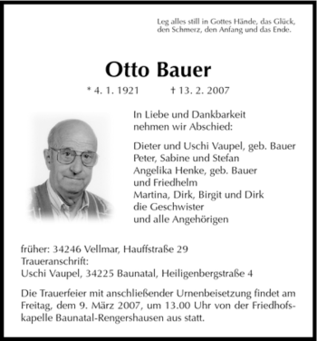 Todesanzeige von Bauer Otto von HNA