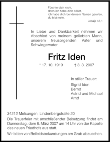 Todesanzeige von Fritz Iden von HNA