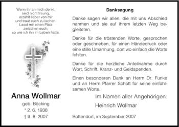 Todesanzeige von Anna Wollmar von HNA