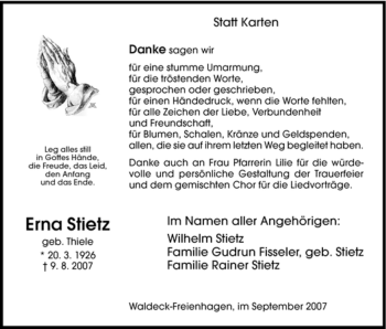 Todesanzeige von Erna Stietz von HNA