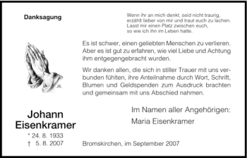 Todesanzeige von Johann Eisenkramer von HNA