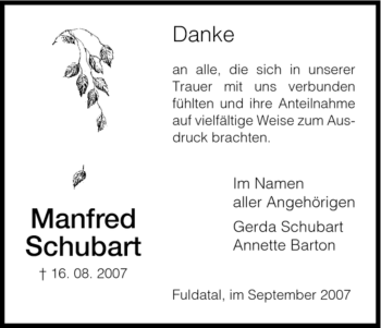 Todesanzeige von Manfred Schubart von HNA