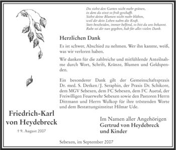 Todesanzeige von Friedrich-Karl von Heydebreck von HNA